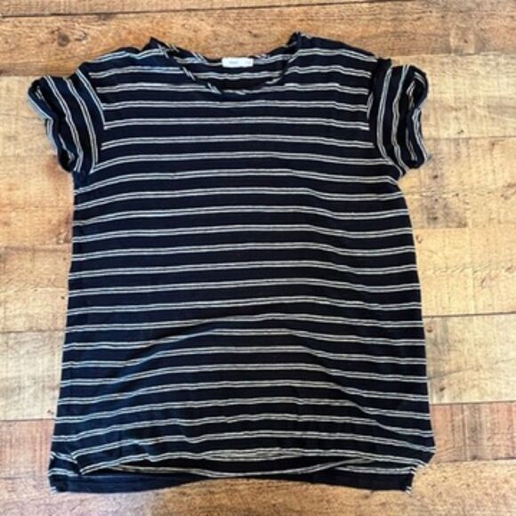 Vince Medium Navy White Striped Linen T-Shirt Roll Cuff Summer Nautical French - Picture 5 of 9